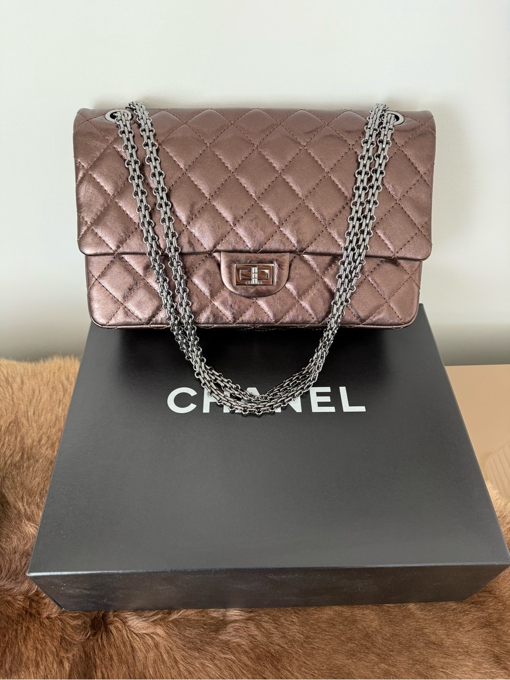 Authentic Pre-owned CHANEL Metallic Quilted Brown Shoulder Bag with Chain Strap